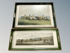 Two twin handled serving trays decorated with horse racing scenes,