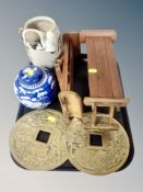 A group of Oriental wares, Chinese prunus blue and white ginger jar, two brass panels, vase,
