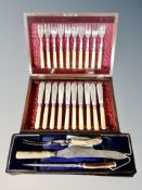 A mahogany canteen of silver plated and faux ivory handled fish cutlery,