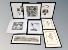 Eight contemporary framed pictures including Gateshead millenium bridge, topographical landscape,