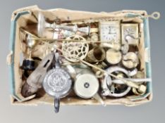 Two boxes of metal wares, toasting forks, plated trophy, brass trivets, two quartz time pieces,