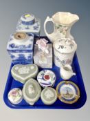 Three Wedgwood green Jasperware trinket boxes, two blue and white Ringtons caddies,