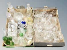 Two boxes of 20th century glass ware, decanters, cruet set on plated stand,