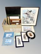 A box of pictures and prints, Chinese embroidery on silk, oil on board, French fashion pictures,