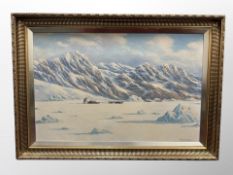 H W Sorensen (Danish) : Dogs pulling a sled in an arctic landscape, oil on canvas,