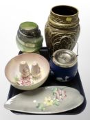 A Beswick ceramic vase, height 29cm, together with a Maling lustre vase, pair of sifters,