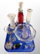 A group of Scandinavian glass ware, red and clear glass lamp base, paperweight, bird ornament,