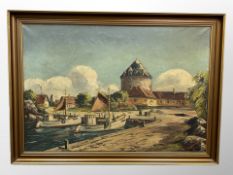 Danish School : Fishing boats with buildings beyond, oil on canvas,