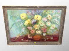 T Richards (20th century) : Still life of flowers in a vase, oil on board,