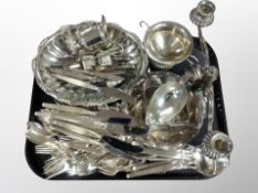 A group of silver plated wares, twin branch table candelabrum, cutlery,