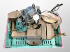A box of bench vice, cobblers last, two power tools including Bosch, router,