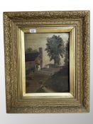 A naive 19th century painting of figures outside a cottage, oil on board,