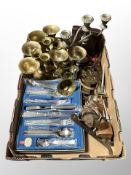 A box of Viner's stainless steel cutlery, brass bellows, letter knife in the form of a sword,