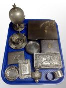 A group of silver plated wares, teak lined cigarette box, trinket boxes,