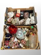 Two boxes of Indian carved sandalwood trinket box, Colibri lighter, vintage cameras,