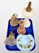 An opaque glass oil lamp base together with a pressed glass light shade, envelope dish,