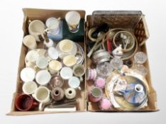 Two boxes of Royal commemorative china, tea cups, table bell, lidded crystal jars,