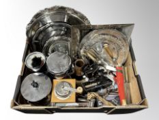 A box of silver plated and stainless steel wares, cutlery, salvers, coffee grinder,