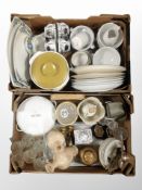 Two boxes of J and G Meakin dinner wares, cutlery, enamelled brass jar,