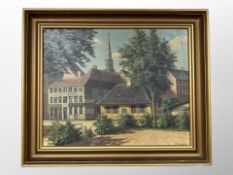 F Svendsen ( Danish) : Town with church spire, oil on canvas,