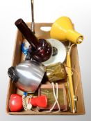A box of 20th century anglepoise lamp, vintage telephone,