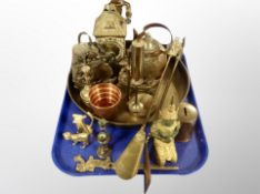 A group of brass wares, miniature candlesticks, letter knife, large dish, copper kettle,