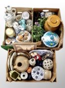 Three boxes of Continental ceramics, Rumtopf stoneware lidded jar, export tea china,