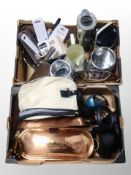 Two boxes of Scandinavian and home wares, kitchen items, copper casserole dish and fish kettle,