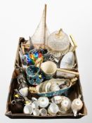 Two boxes of contemporary penguin ornaments, Japanese export tea set, contemporary owl, pond yacht,