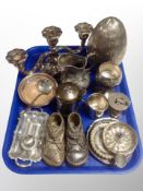 A group of silver plated wares, three sconce table candelabrum,