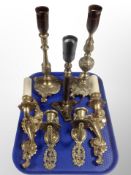 Two pairs of gilt brass wall sconces, (larger pair wired),