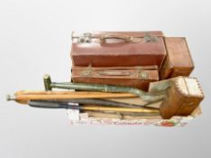 A box of vintage briefcases, table boxes, walking sticks,