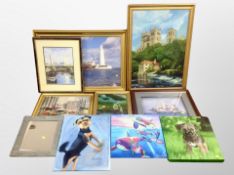 A group of pictures and prints, J Elcoat painting of Durham Cathedral,