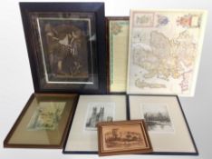 A group of pictures and prints, map of Scoltand after Joan Bleau after the original from 1646,