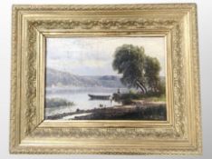 Late 19th century school : Fisherman in rowing boat by water's edge, oil on canvas, 33 cm x 22 cm,