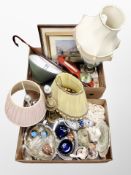 Two boxes of contemporary table lamps, barometer, ceramics and silver plated wares,