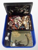 A Japanese lacquered and mother of pearl inlaid jewellery box containing assorted bead necklaces,