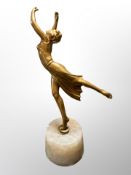 An Art Deco style painted metal and alabaster figure of a dancer,