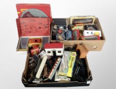 Two boxes of Hornby Dublo die cast rolling stock, track, circuit units,