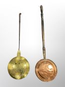 A 19th century copper bed pan and brass chestnut roaster