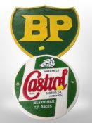 A cast iron BP sign, similar Castrol sign and a large Ford oval panel,