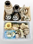 Two boxes of West German pottery vase, contemporary silvered ornaments, Italian figure,