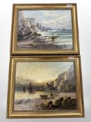 Frank Hider (1861-1933) : Fishing Boats Under Sail in Choppy Waters off a Rocky Headland (Near