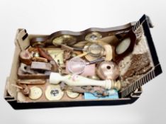 A box of Continental barometers, wood working plane, magnifying glasses,