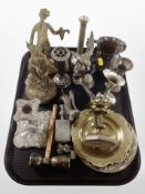 A group of metal wares including silver plated vases, candlestick, shallow dishes,
