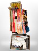 Two boxes of vintage toys, board games, hot wheels set, soft toys,