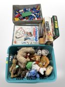 Three boxes of soft toys, chess set, Palitoy racing set,