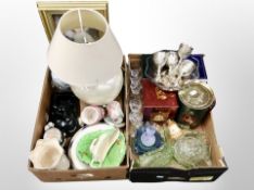 Two boxes of contemporary table lamp, glass ware, silver plated goblets,