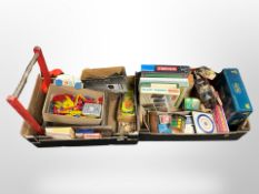 Two boxes of vintage games including board games, Rubik's cube, playing cards,