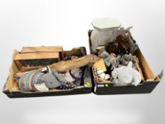 Two boxes of elephant ornaments, plant stand, wall panels,